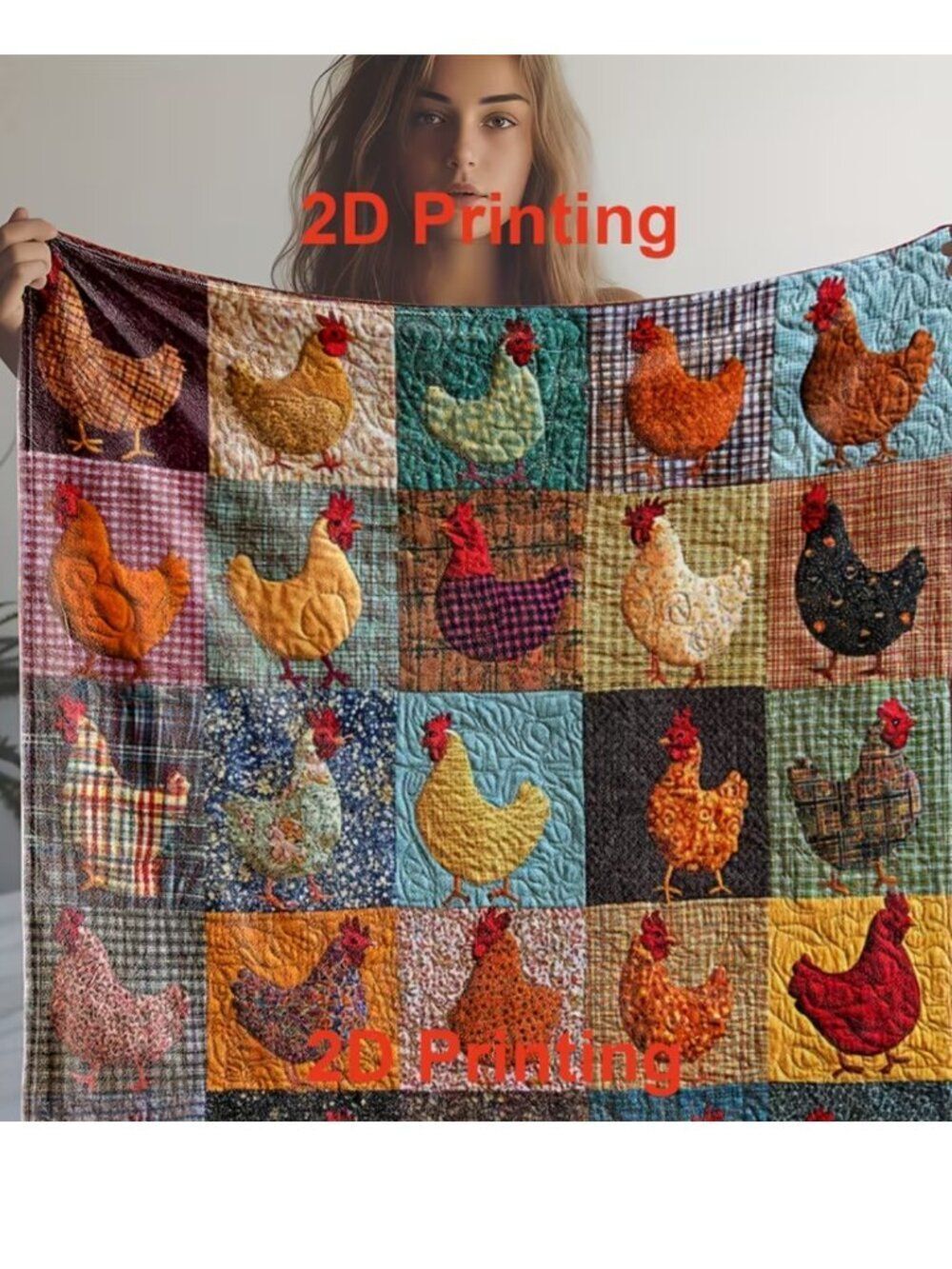 NWT Farmhouse Chicken Faux Patchwork Print Velour Feel Fleece Throw 40x50